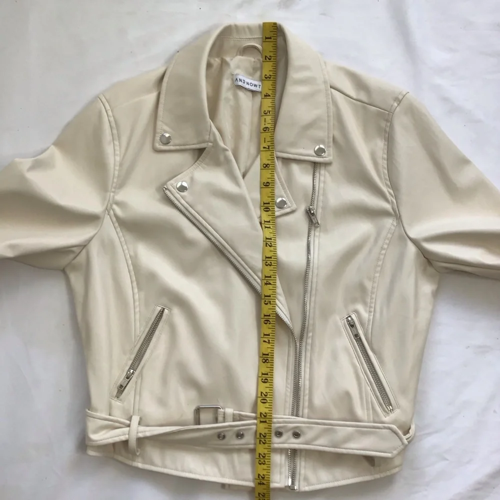 AND NOW THIS WOMEN STYLISH CREAM FAUX LEATHER COLLARED ZIPPER MOTO JACKET SZ L - Picture 10 of 12